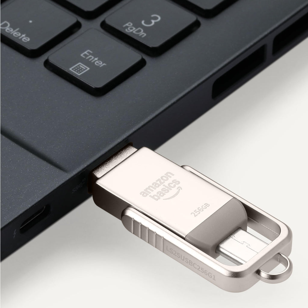 Amazon Basics USB Flash Drive, Thumb Drive Memory Stick with USB C and USB A Dual Ports, 128GB, Champagne Silver