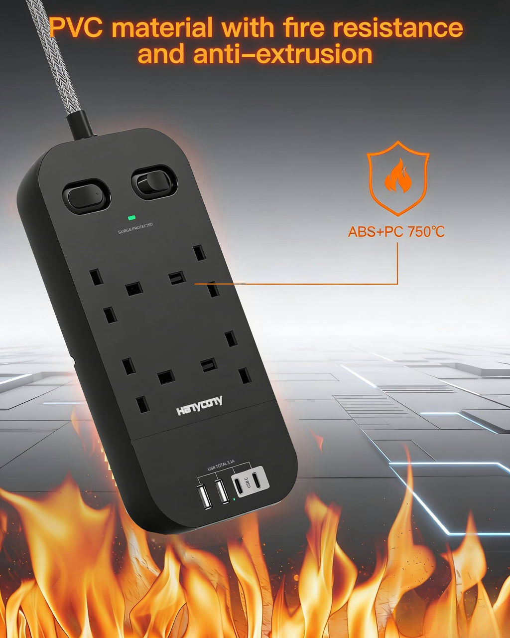 Extension Lead 5M, 4 Way Surge Protected Power Strip with USB C Slots
