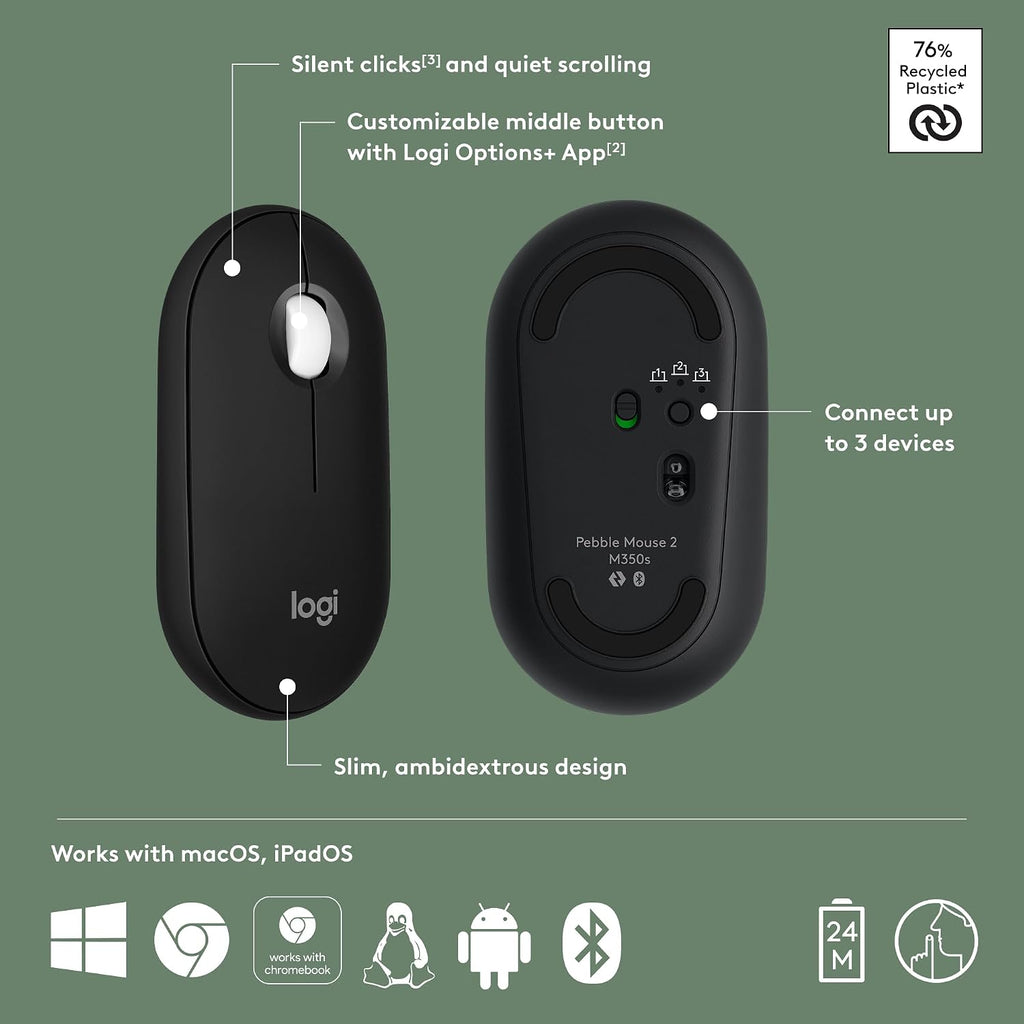 Logitech M350s Pebble 2 Bluetooth Wireless Mouse - Black