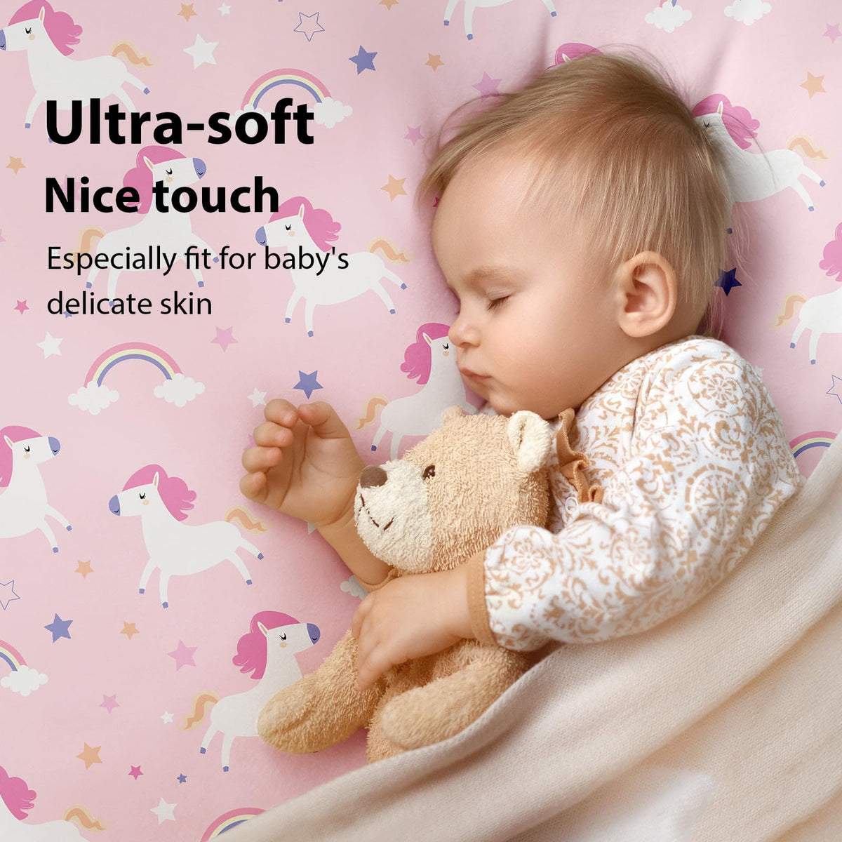 Next to Me Crib Sheets 85x51cm Fitted, 3 Pack Baby Cot Sheets, Ultral Soft & Silky Smooth Microfiber Bedside Crib Fitted Sheets Pink Rainbow