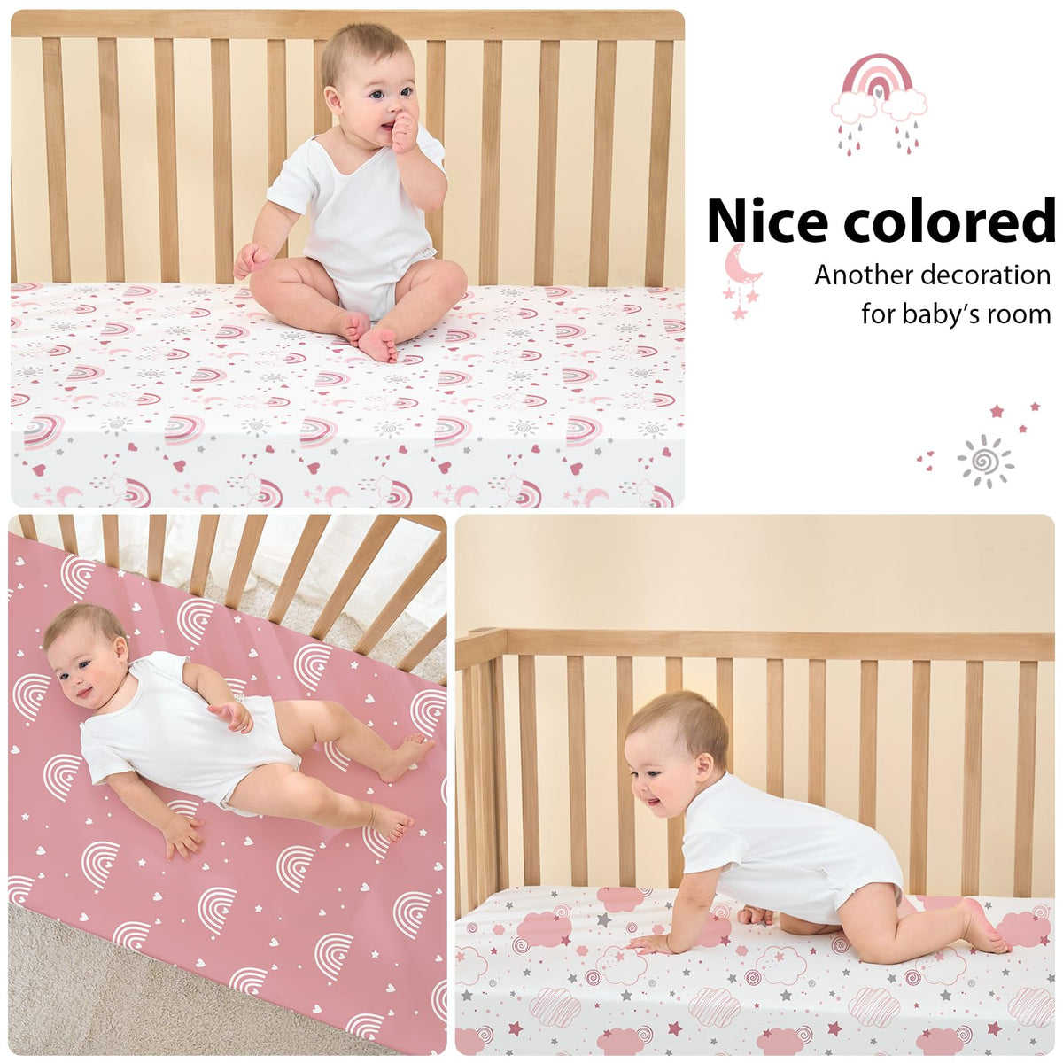 Next to Me Crib Sheets 85x51cm Fitted, 3 Pack Baby Cot Sheets, Ultral Soft & Silky Smooth Microfiber Bedside Crib Fitted Sheets Pink Rainbow