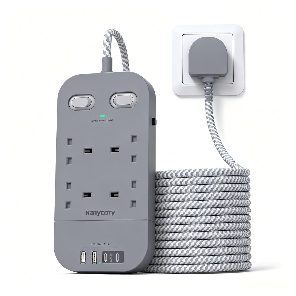 Extension Lead 5M, 4 Way Surge Protected Power Strip with USB C Slots