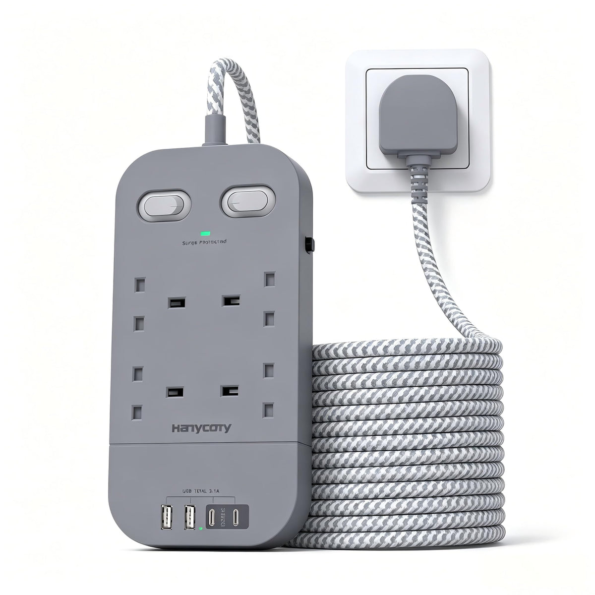 Extension Lead 5M, 4 Way Surge Protected Power Strip with USB C Slots