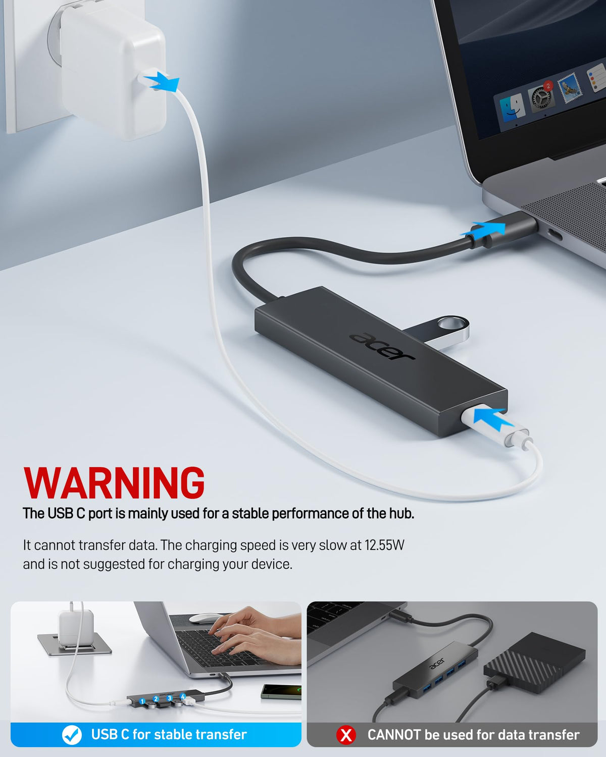 Acer USB Hub 3.0, Ultra Slim USB Adapter 4 Ports Splitter with Powered USBC