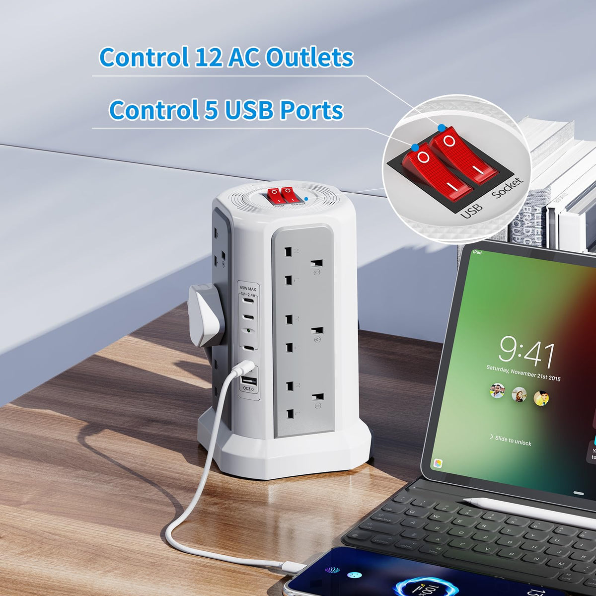 HAFINO Tower Extension Lead with USB Slots, PD18W USB C Fast Charger, 1.8M