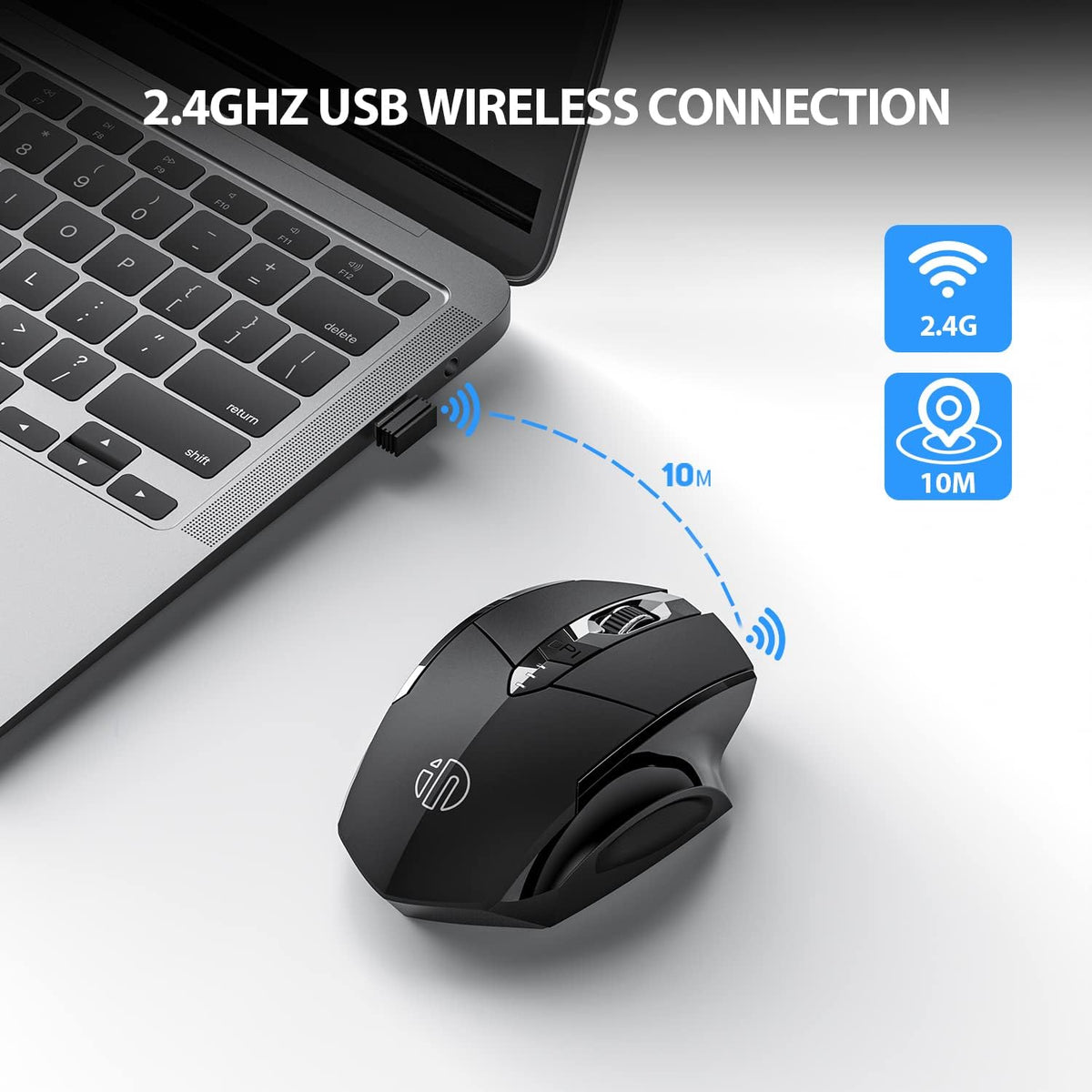 INPHIC Wireless Mouse Rechargeable, [Battery Level Visible], Silent Click USB 2.4G Cordless Mouse for Laptop PC Computer Tablets, 6 Buttons, 2400DPI 4 Adjustment Levels, Black