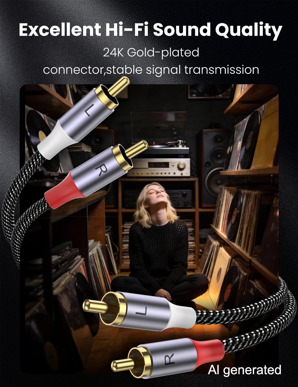 MOSWAG 2RCA Male to 2RCA Male Phono Cable 1m, 2 RCA Audio Cable Phono Lead