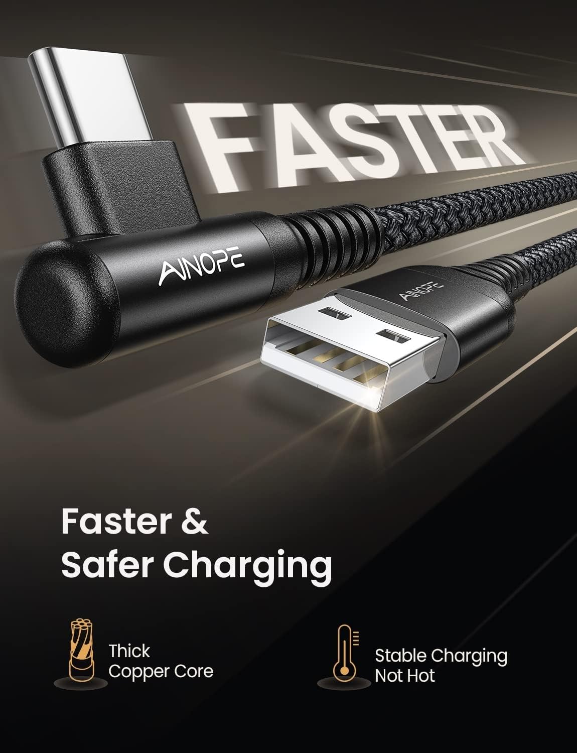 AINOPE 2-Pack 0.5ft USB C Cable, 3.1A Fast Charging, Right Angle, Durable Nylon Braided, Compatible with Galaxy S22 S21 Plus S20, Note 10 9 LG, Type C Charger