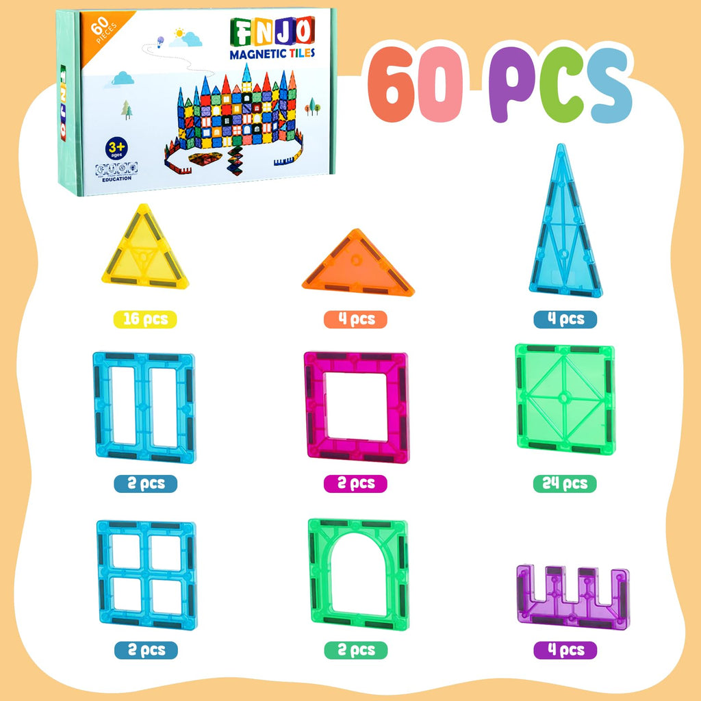 FNJO Mini Magnetic Tiles, 60PCS STEM Building Blocks Toy for Kids