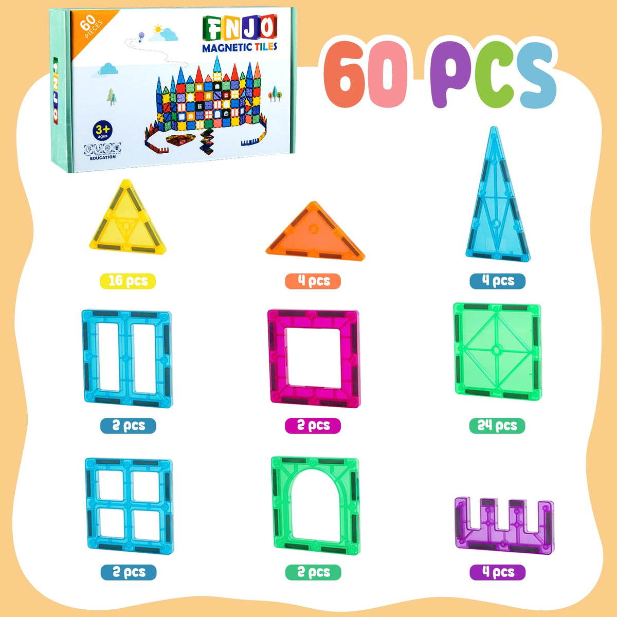 FNJO Mini Magnetic Tiles, 60PCS STEM Building Blocks Toy for Kids