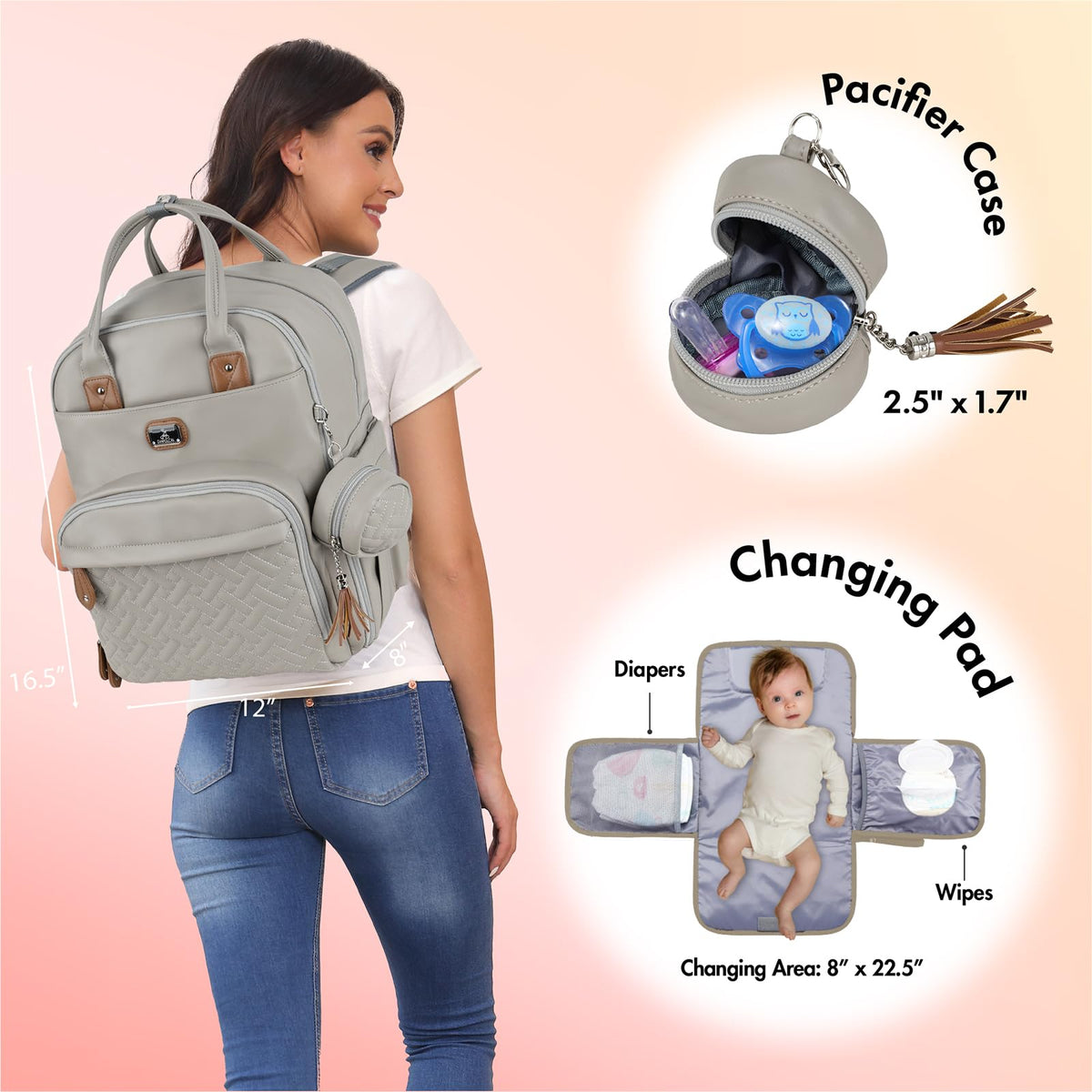 Dikaslon Baby Changing Bag Backpack, Large Nappy Back Pack Multifunction Baby Bags with Portable Changing Mat, Pacifier Holder, and Stroller Straps, for Mom and Dad
