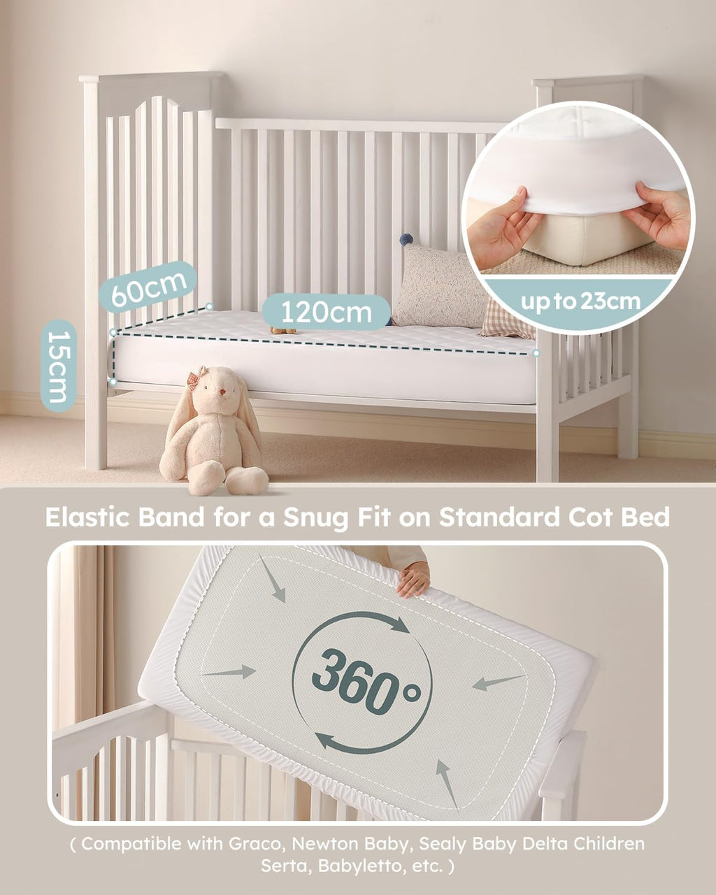 Yoofoss Waterproof Cot Bed Mattress Protector 120 x 60 cm Breathable Toddler Bed Mattress Protector Comfortable Noiseless White