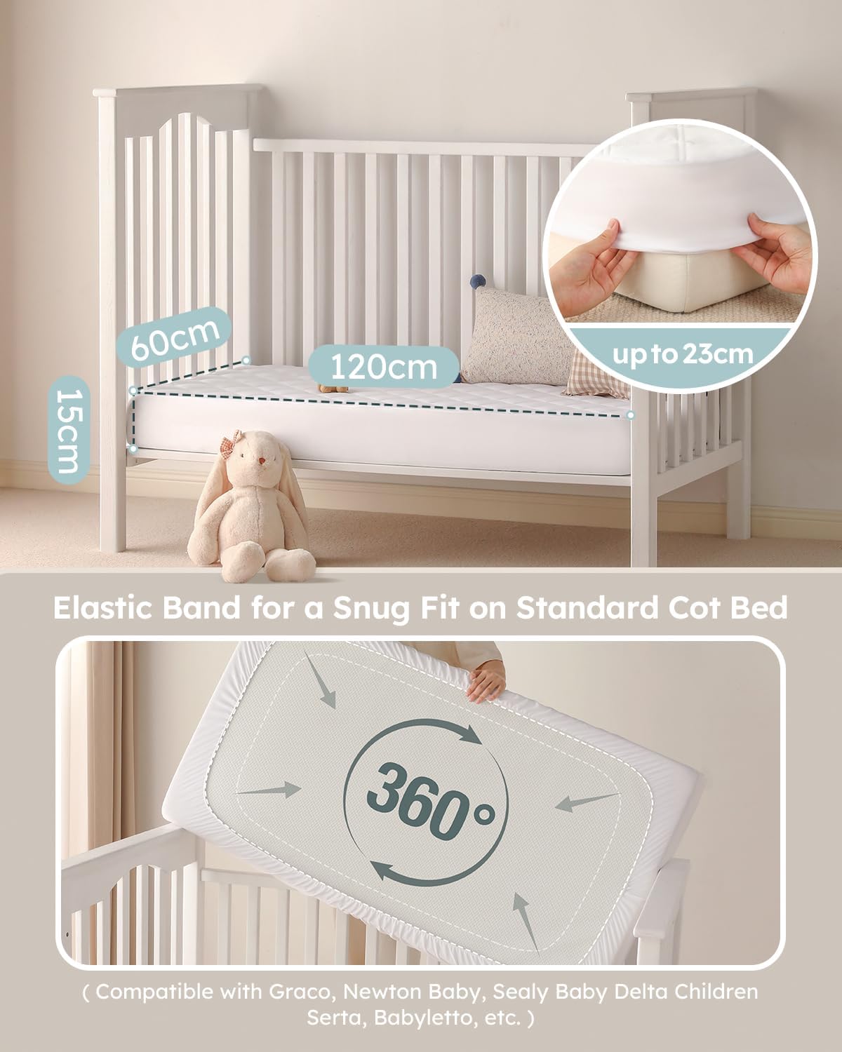 Yoofoss Waterproof Cot Bed Mattress Protector 120 x 60 cm Breathable Toddler Bed Mattress Protector Comfortable Noiseless White