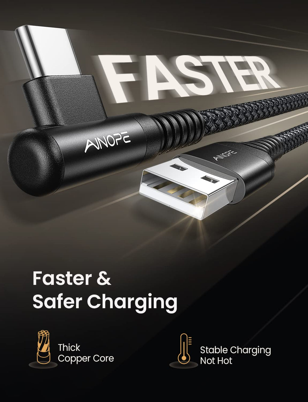 AINOPE 2-Pack 0.5ft USB C Cable, 3.1A Fast Charging, Right Angle, Durable Nylon Braided, Compatible with Galaxy S22 S21 Plus S20, Note 10 9 LG, Type C Charger