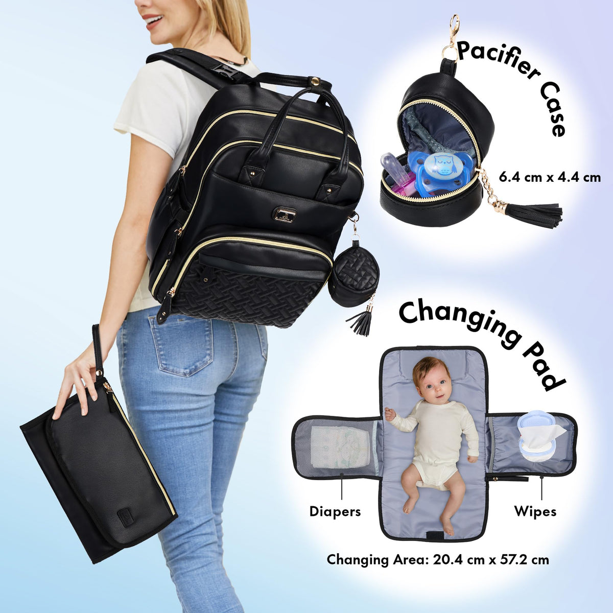Dikaslon Baby Changing Bag Backpack, Large Nappy Back Pack Multifunction Baby Bags with Portable Changing Mat, Pacifier Holder, and Stroller Straps, for Mom and Dad