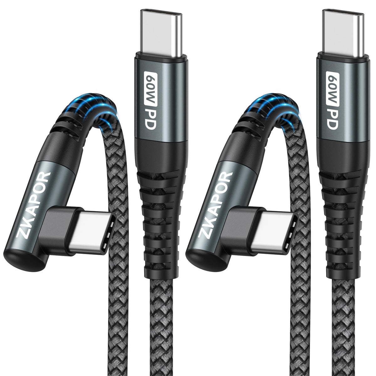 ZKAPOR USB C to USB C Cable 2Pack 3M, 60W Fast Type C Cable Right Angle