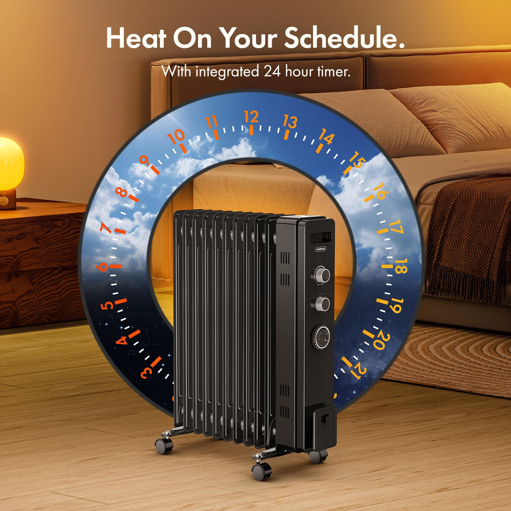 VonHaus Oil Filled Radiator 11 Fins – 2500W, 3 Heat Settings, 24 Hour Timer