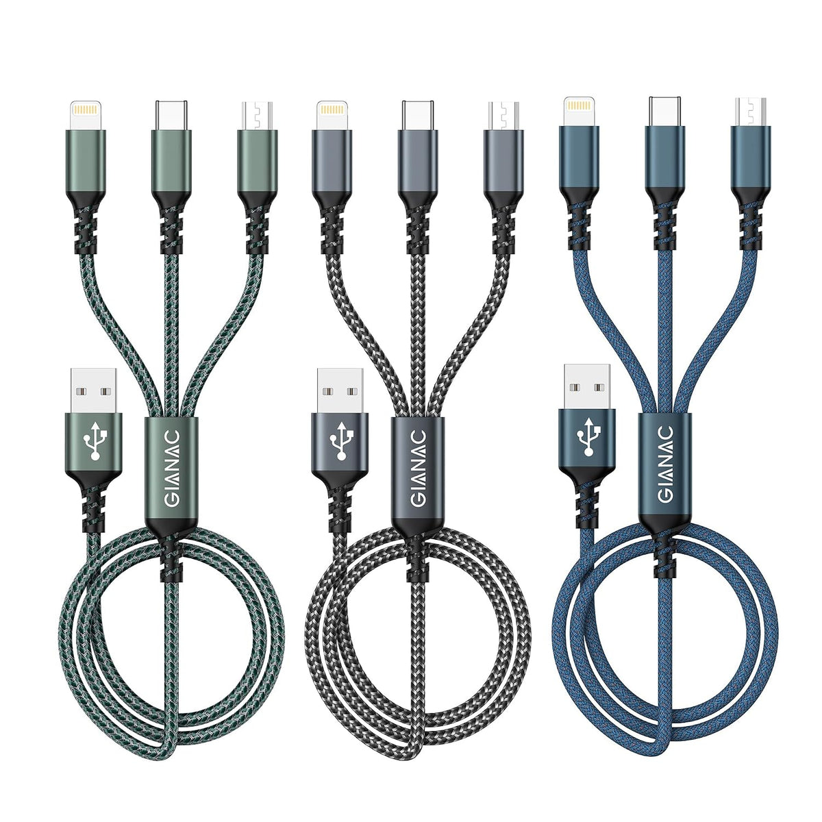 GIANAC Multi Charger Cable [3Pack 1.2M] 3 in 1 Charging Cable Nylon Braided