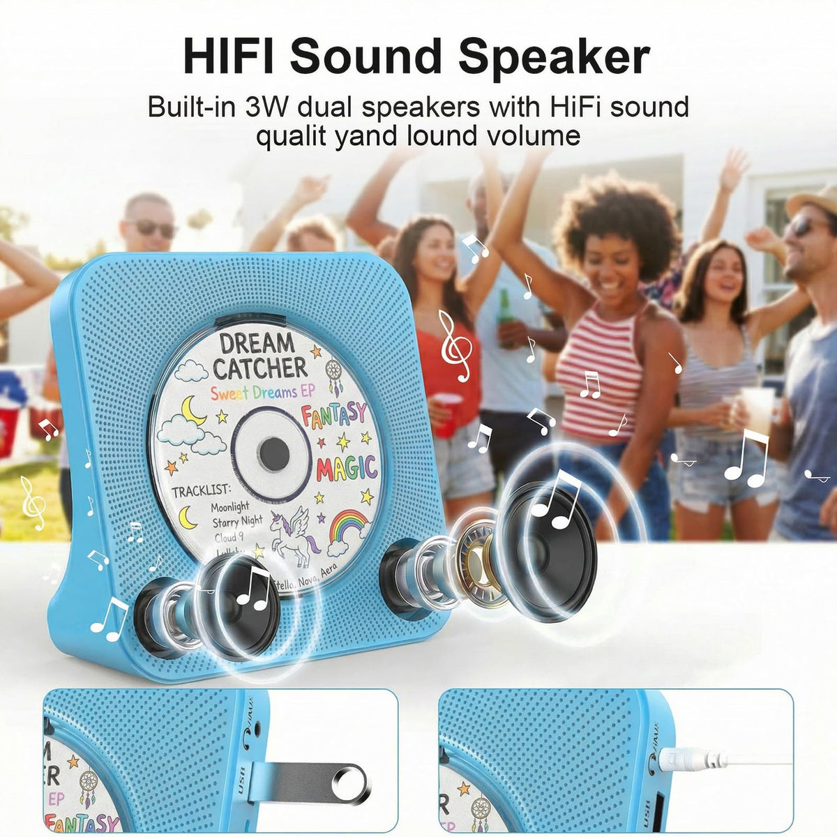Portable CD Player with Bluetooth, Gueray Desktop CD Players for Home, Bulit-in Double HiFi Speakers, AUX&Headphone Jack, FM Radio Boombox with Remote Control, USB Port,LCD Display (White)