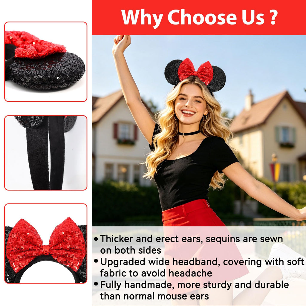 UNSPAZ Mouse Ears Headbands, Sequin Mouse Ears for Women Girls Boys, Shiny Bow Headband for Cosplay Costume Party Decorations Hair Accessories (Polka Dots)