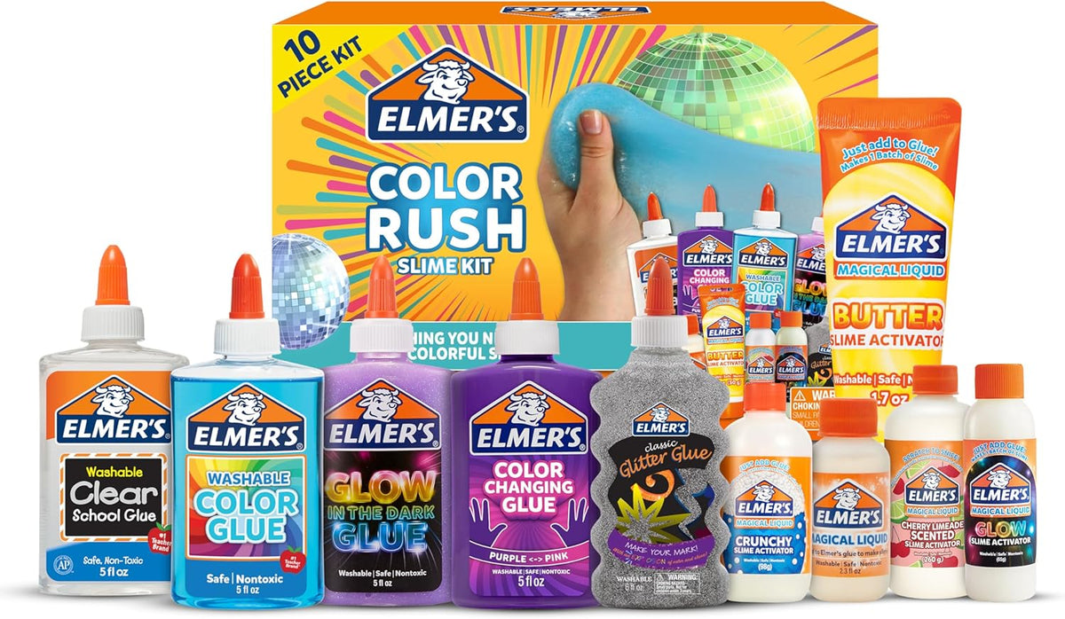 Elmer's Color Rush Slime Kit, Includes Liquid Glue, Activator, Makes Color Changing, Glow in The Dark, Butter Slime and More, 10 Piece Kit - Perfect for Birthday Parties, Gift Idea, Kids Activity