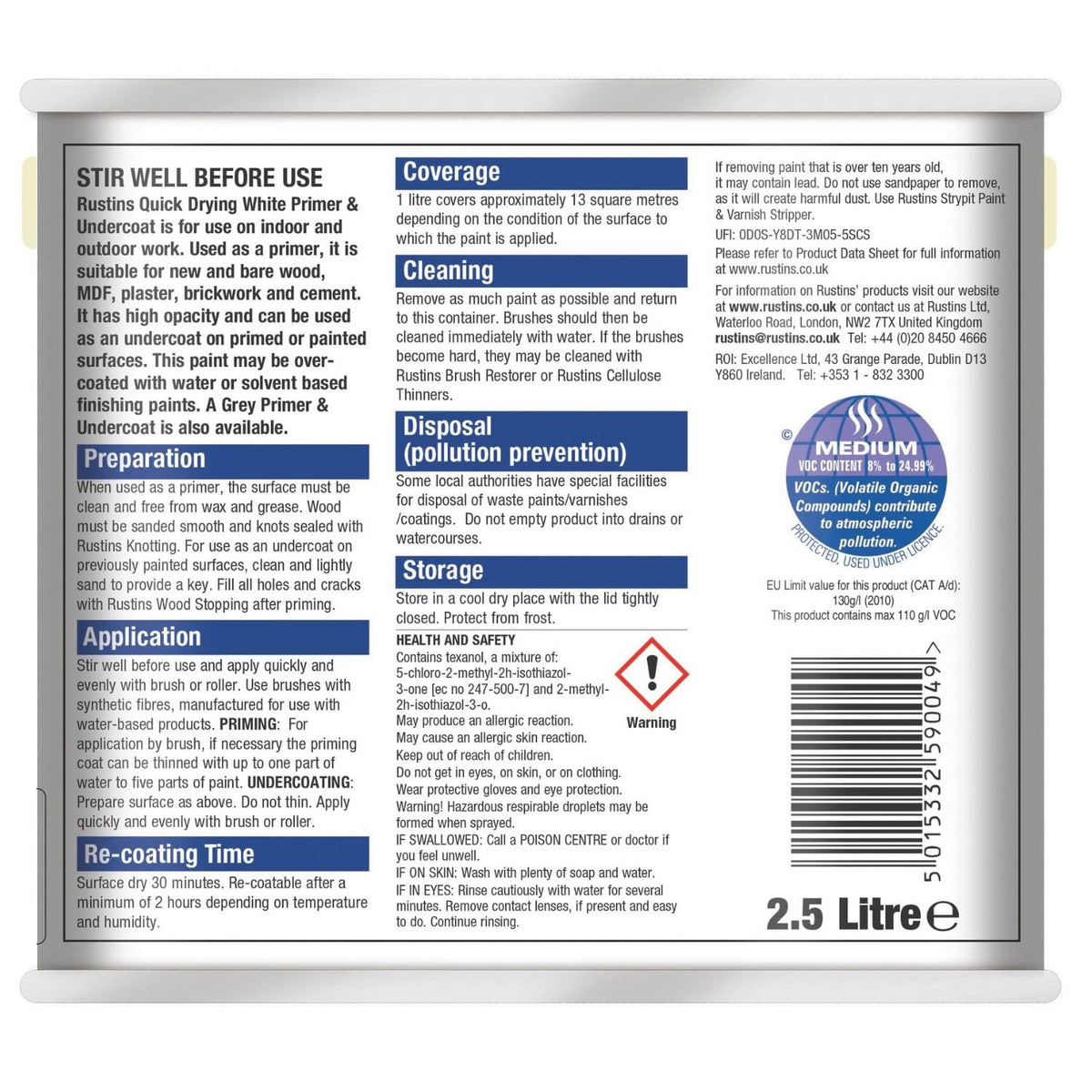 RUSTINS WHPU500 500ml Quick Dry Primer Undercoat - Fast-Drying Paint Base for Smooth Coverage; Easy-to-Use Interior & Exterior Prep Coat for Walls, Woodwork & DIY Home Decorating