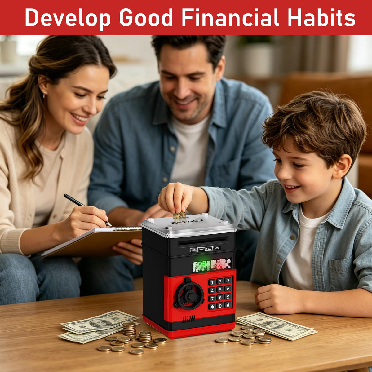 Refasy Piggy Bank Cash Coin Can ATM Bank Electronic Coin Money Bank for Kids Age 3-12, Money Savings Box Mini ATM Coin Bank Toys Gifts for 3 4 5 6 7 8 9 10 11 12 Year Old Boys Girls