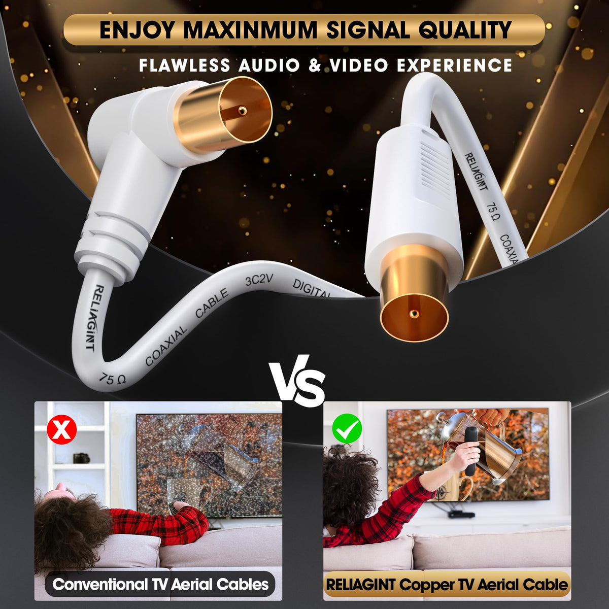 TV Aerial Cable 0.5m, 75 Ohm Coaxial Lead, IEC 9.5mm Male to Male 3C2V Pure Copper Dual Shielded, Right-Angle Connector, Female to Female Adaptor Included, Black