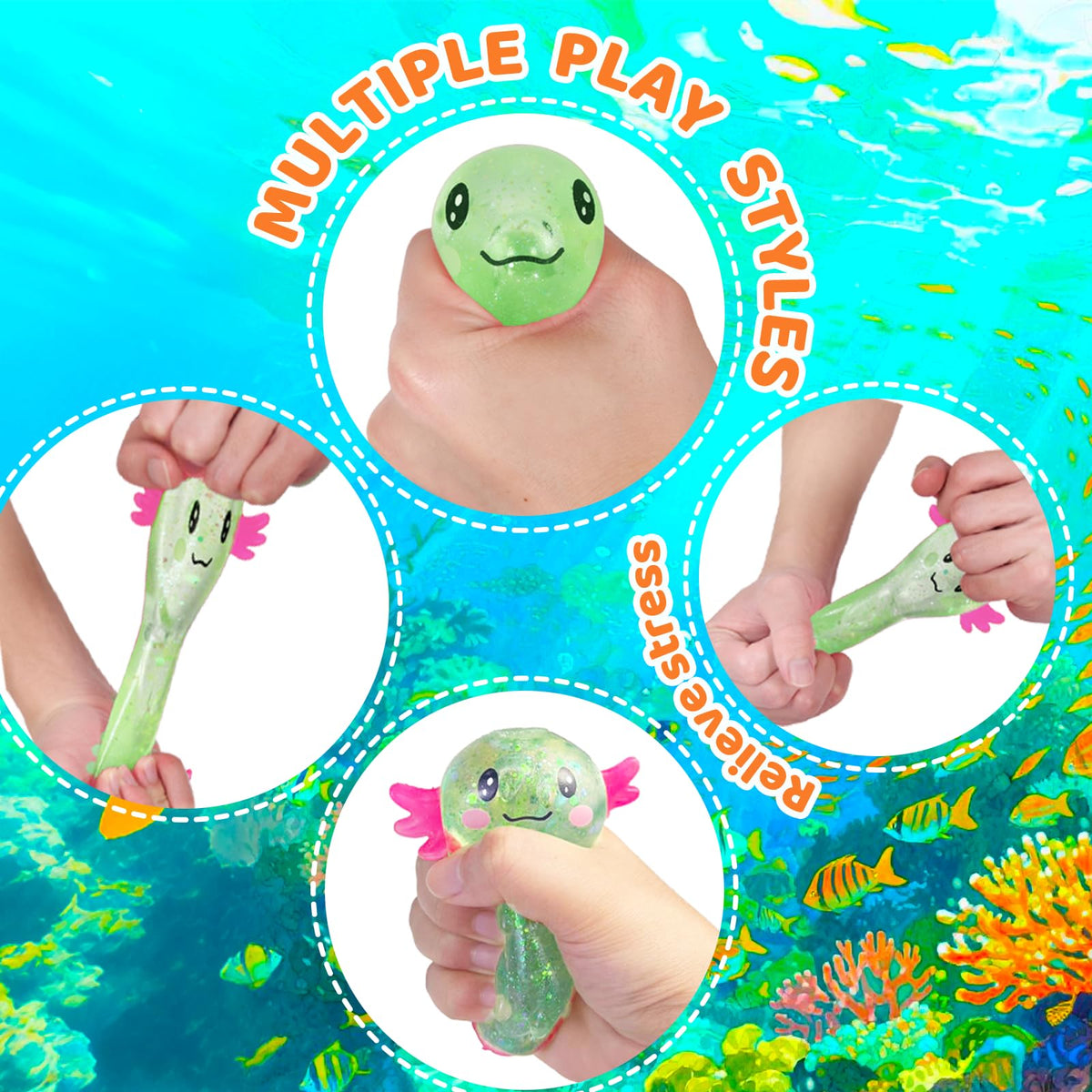Axolotl Squishy Stress Relief Toy Glitter Fidget Toys Cute Malt Sugar Axolotl Toy Fidget Toys for Kids Youth Adult, Party Favors Anxiety Relief Squishy Toys(Blue)
