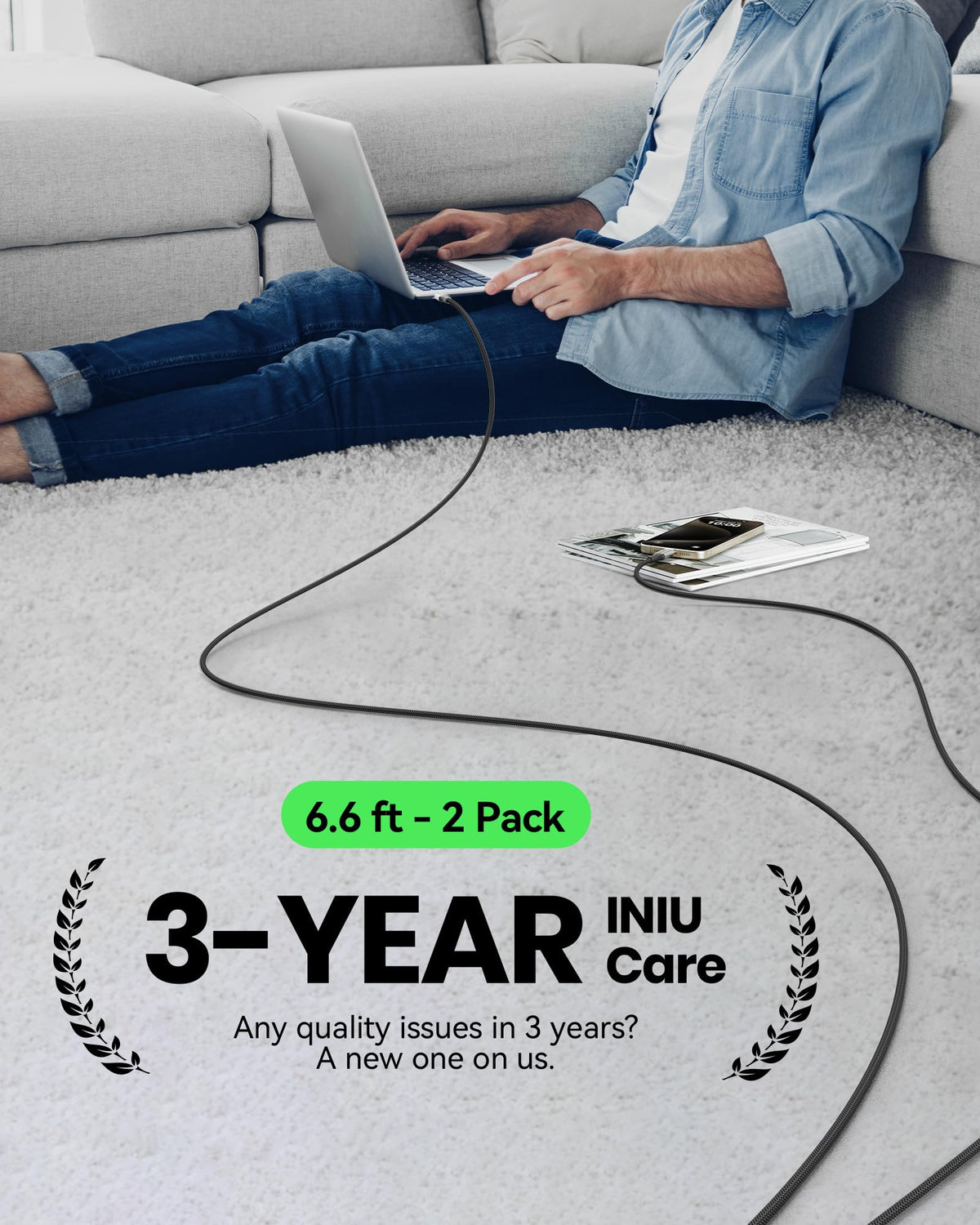 INIU USB C Cable, 2m White 100W Fast Charging Type C Cable