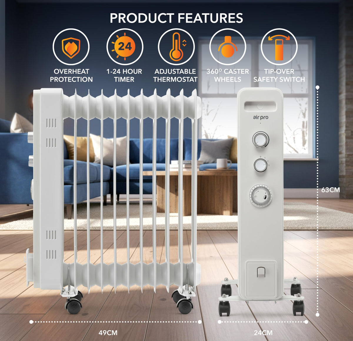 Air Pro Oil Filled Radiator 2500W with Thermostat & 24h Timer – 11 Fin Portable Electric Heater 3 Heat Settings, Overheat & Tip-Over Protection, Quiet for Home, Office and Any Room Radiator on Wheels