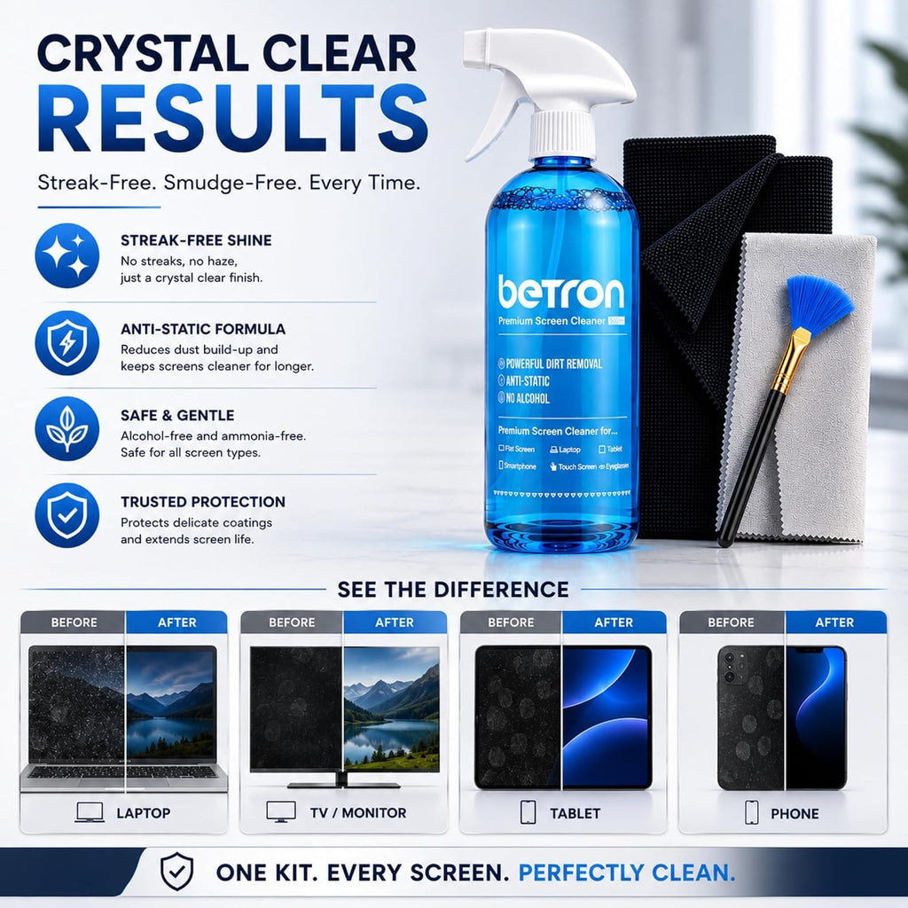 Betron Screen Cleaner Spray Kit with Cloth for TV, Laptop, Monitor, 500ml