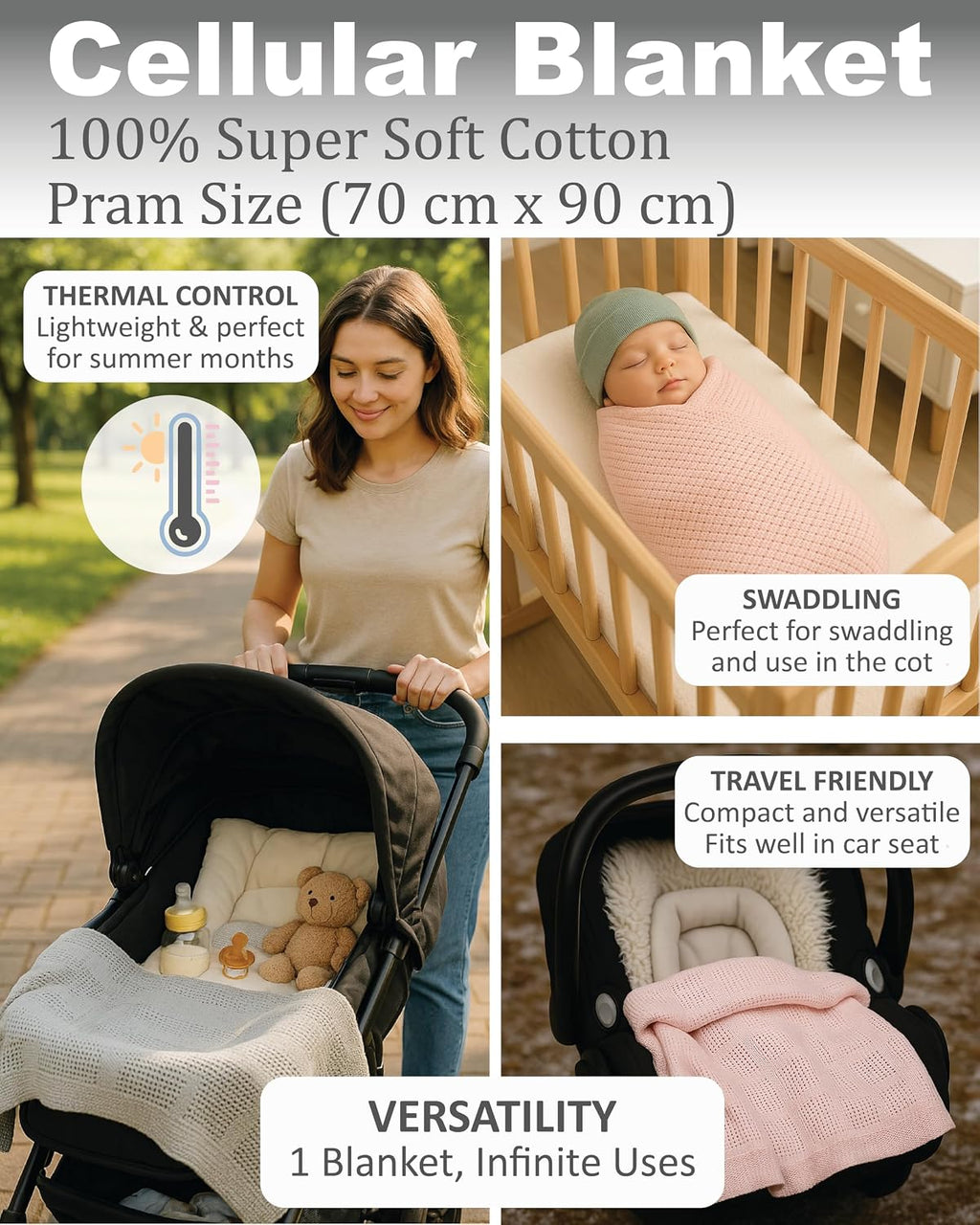 Soft Touch Newborn Essentials 70 x 90cm Cotton Baby Cellular Blanket for Pram, Car Seat and Cot Bedding