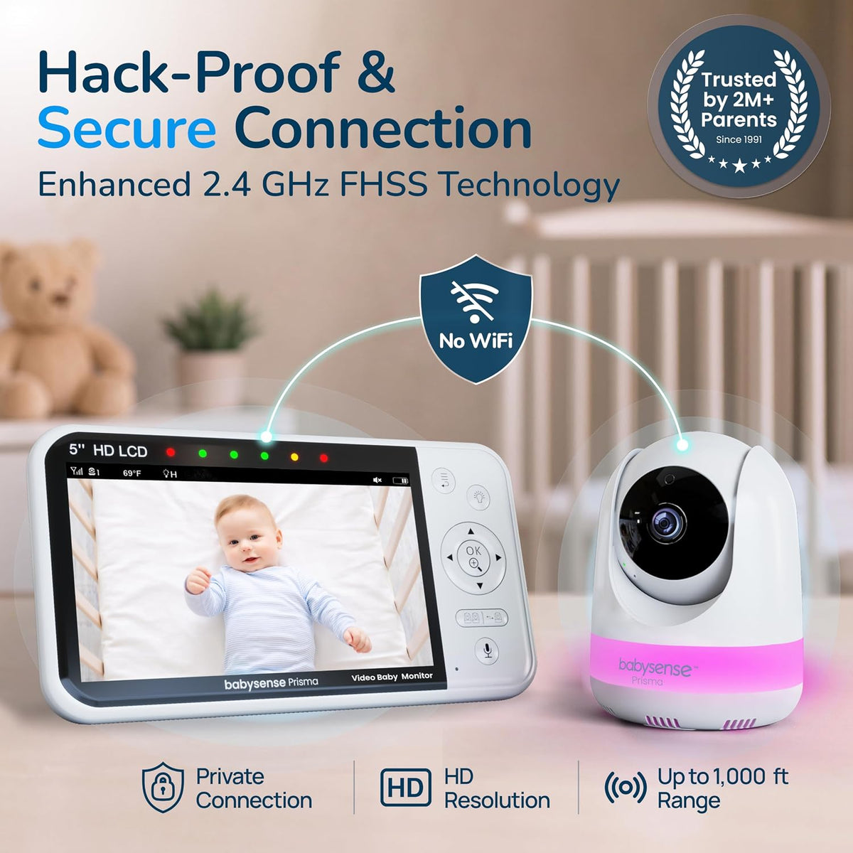 Babysense Prisma Baby Monitor with Camera and Night Vision, 5” HD Video Baby Monitor, 6-Color Night Light, Split Screen, Baby Sound Machine with White Noise & Lullabies, Secure No WiFi