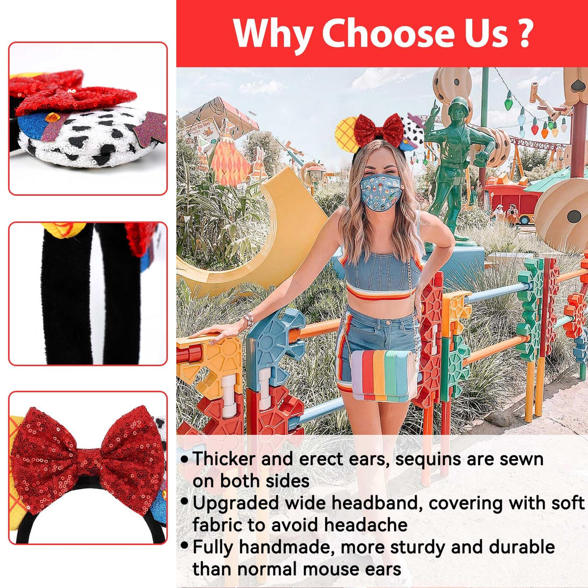 UNSPAZ Mouse Ears Headbands, Sequin Mouse Ears for Women Girls Boys, Shiny Bow Headband for Cosplay Costume Party Decorations Hair Accessories (Polka Dots)