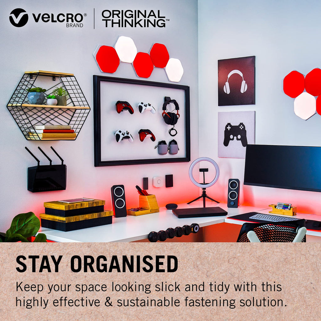 VELCRO Brand Stick On Tape Cut-to-Length Strong Hook & Loop Self Adhesive Sticky Tape Perfect for Room Décor & Home, Office, Garage Use White 20mm x 5m