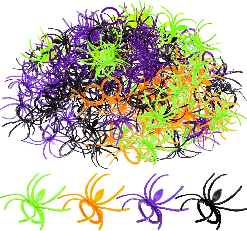 Boao 120 Pcs Halloween Spider Rings for Kids, Black, Purple, Orange, Green
