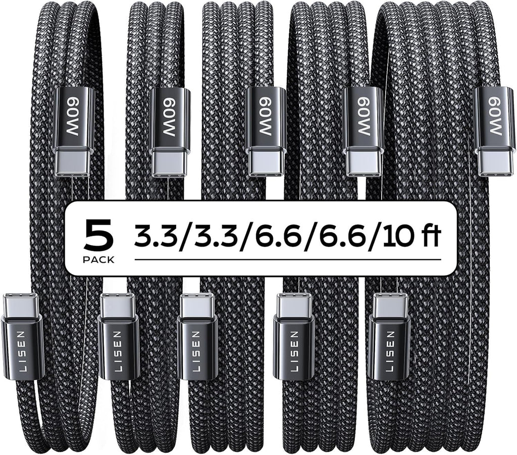 LISEN 5-Pack USBC Cables [3.3/3.3/6.6/6.6/10FT] for iPhone 16/15 Pro Max, Samsung S24/S23, iPad & MacBook Air/Pro - 60W (3.1A) Fast