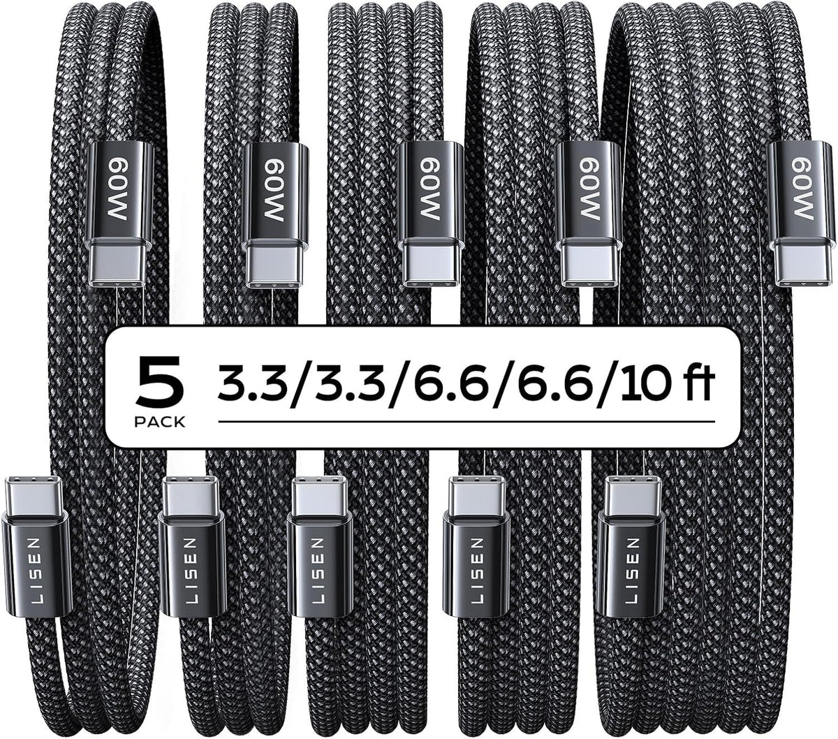 LISEN 5-Pack USBC Cables [3.3/3.3/6.6/6.6/10FT] for iPhone 16/15 Pro Max, Samsung S24/S23, iPad & MacBook Air/Pro - 60W (3.1A) Fast