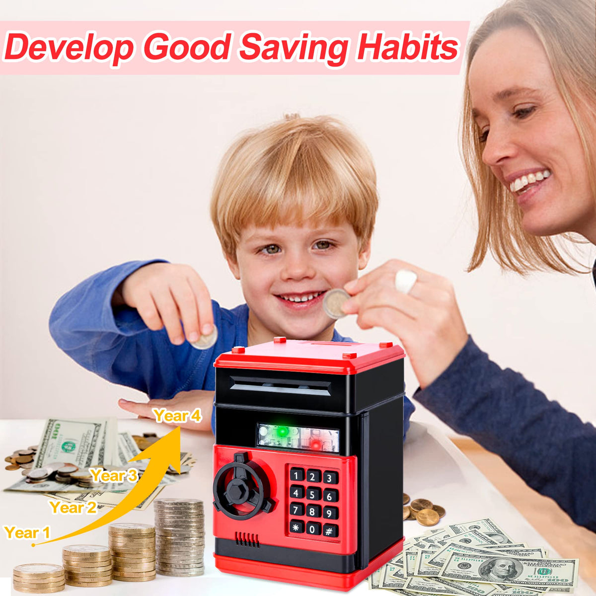 Refasy Piggy Bank Cash Coin Can ATM Bank Electronic Coin Money Bank for Kids Age 3-12, Money Savings Box Mini ATM Coin Bank Toys Gifts for 3 4 5 6 7 8 9 10 11 12 Year Old Boys Girls
