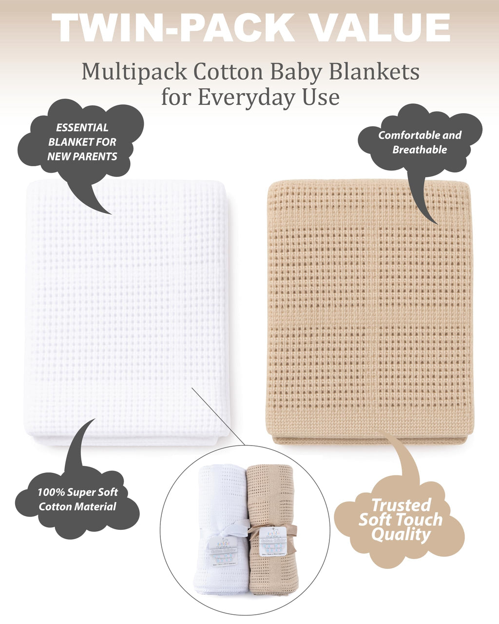 Soft Touch Newborn Essentials 70 x 90cm Cotton Baby Cellular Blanket for Pram, Car Seat and Cot Bedding