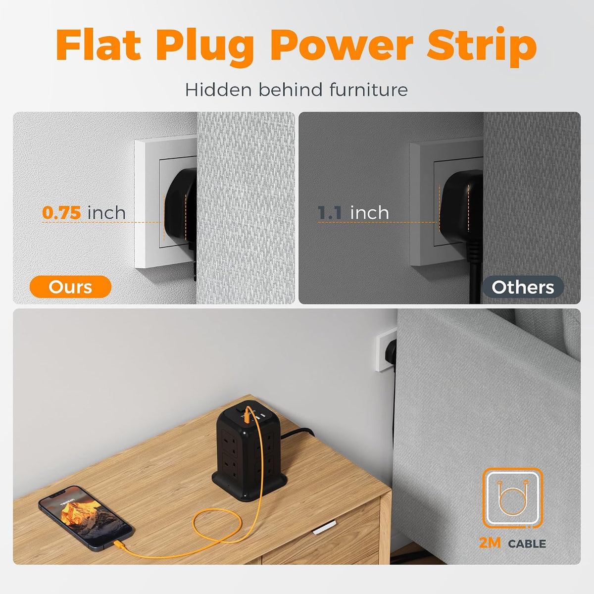 TESSAN 8 Way Black Tower Extension Lead 2M with 4 USB Slots (2 USB C)