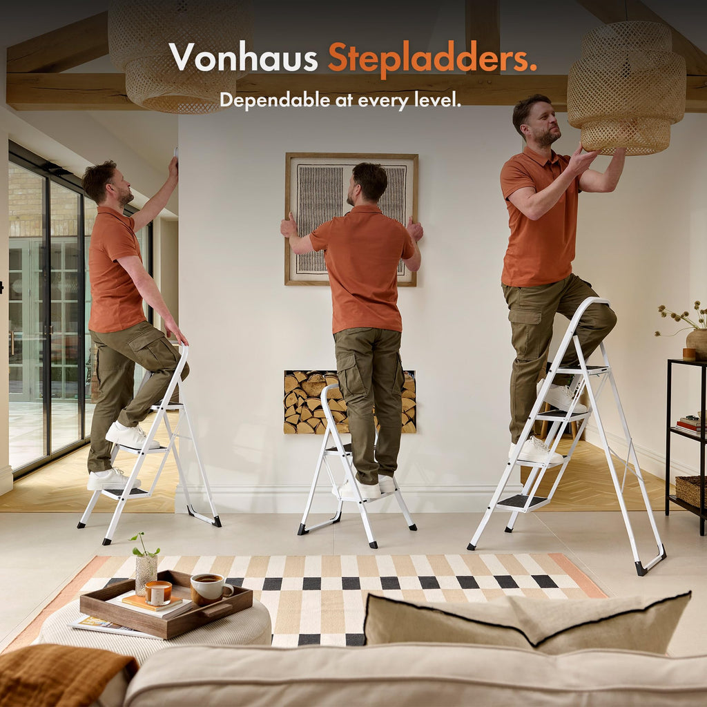 VonHaus 3 Step Ladder – Premium Quality Folding Step Ladder for DIY and Gardening - Anti Slip Feet, Easy to Store Ladder, 150KG Max Capacity - Durable Steel