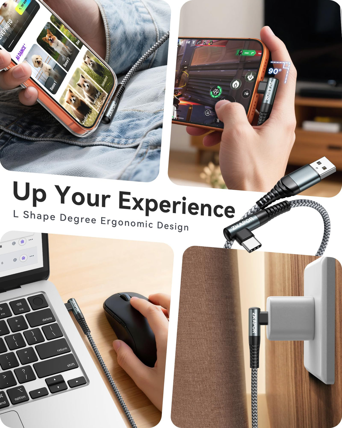 ZKAPOR Short USB C Cable 30CM USB C Charger Cable Right Angle Fast Charging