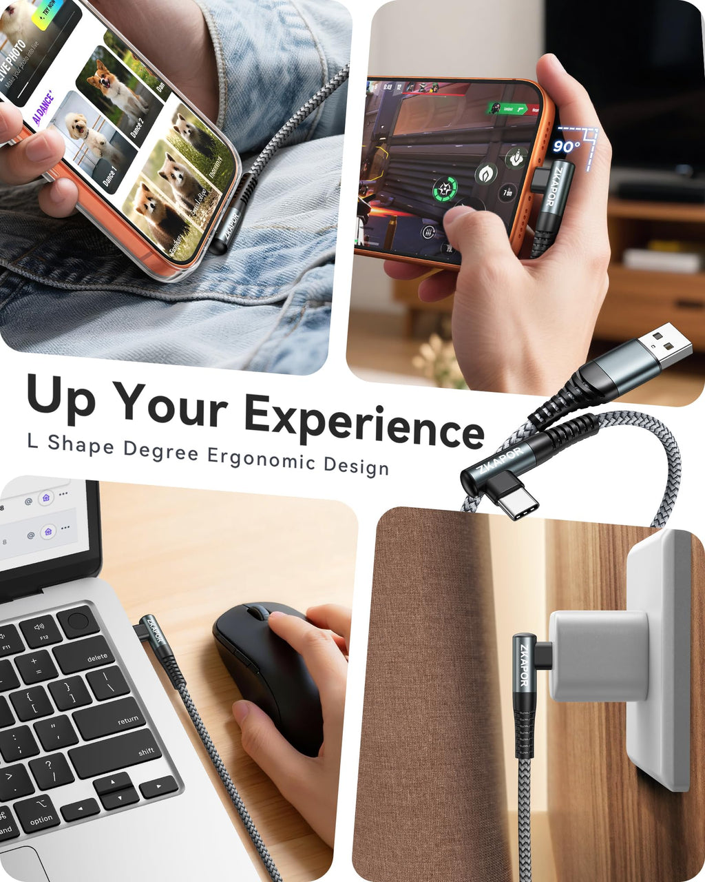 ZKAPOR Short USB C Cable 30CM USB C Charger Cable Right Angle Fast Charging