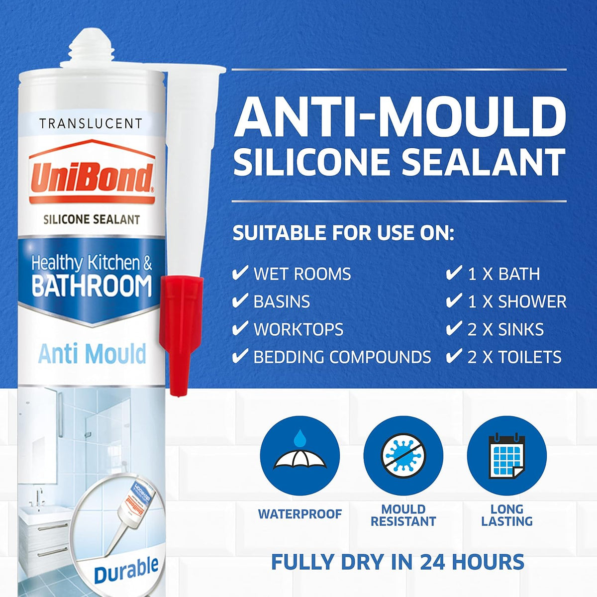 UniBond Kitchen and Bathroom, Mould-Resistant Transparent Sealant, 280 ml