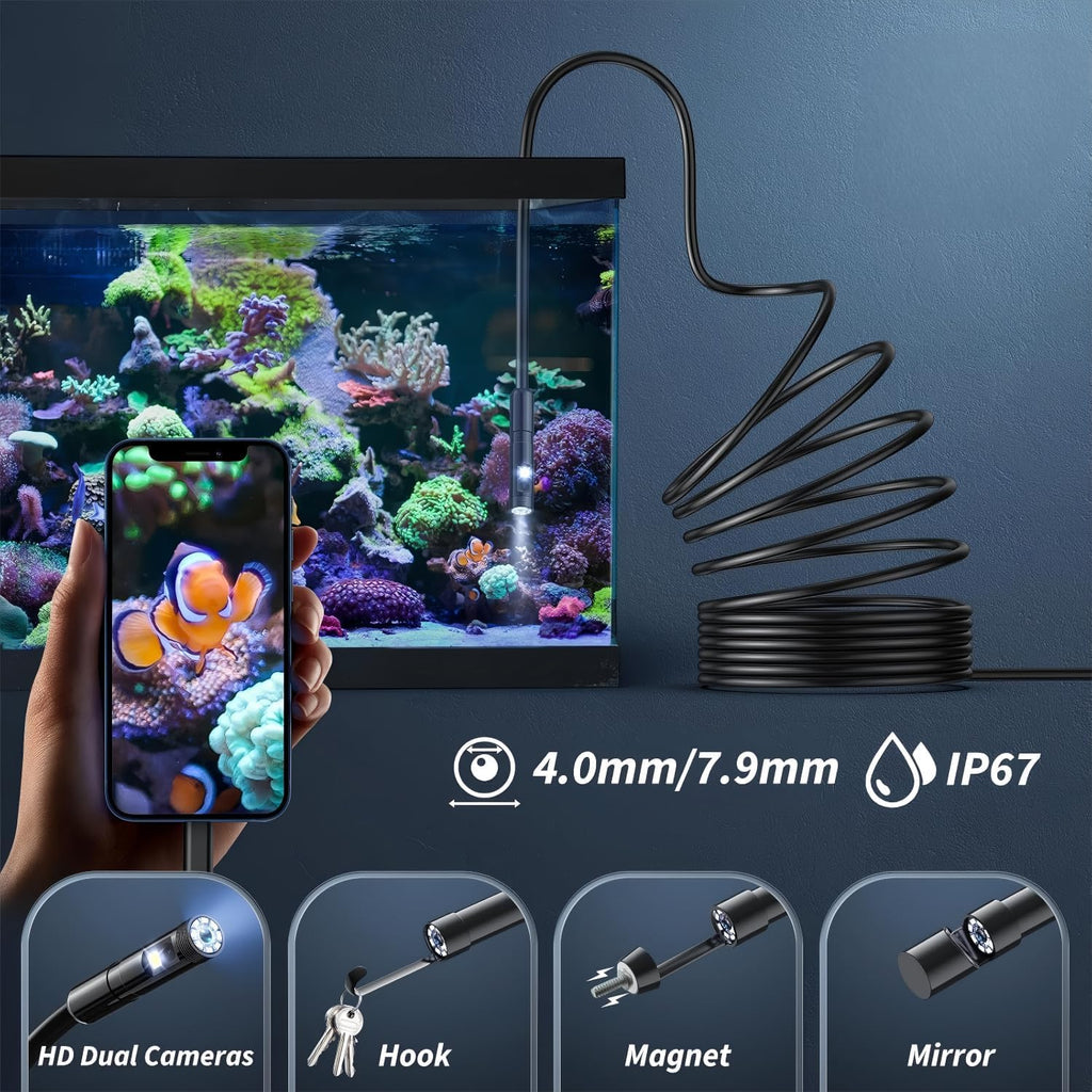 Endoscope Inspection Camera with Lights, 1920P HD Flexible Borescope Lens, 16.5ft Semi-Rigid Snake Cameras,IP67 Tube Sink Pipe Drain Overhaul, for Android, iPhone, iPad, Tools