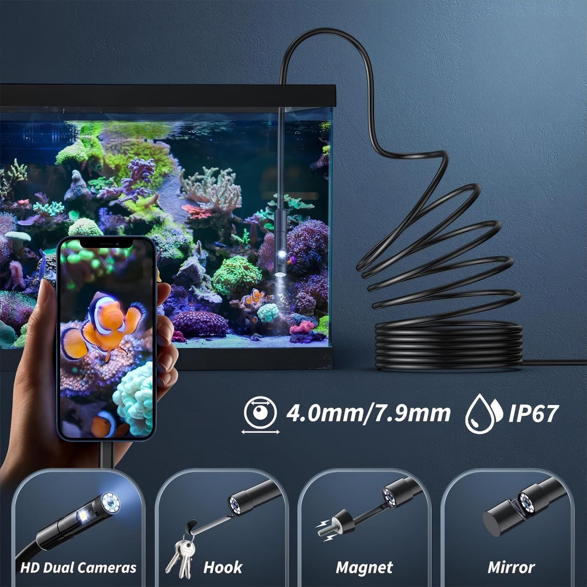 Endoscope Inspection Camera with Lights, 1920P HD Flexible Borescope Lens, 16.5ft Semi-Rigid Snake Cameras,IP67 Tube Sink Pipe Drain Overhaul, for Android, iPhone, iPad, Tools