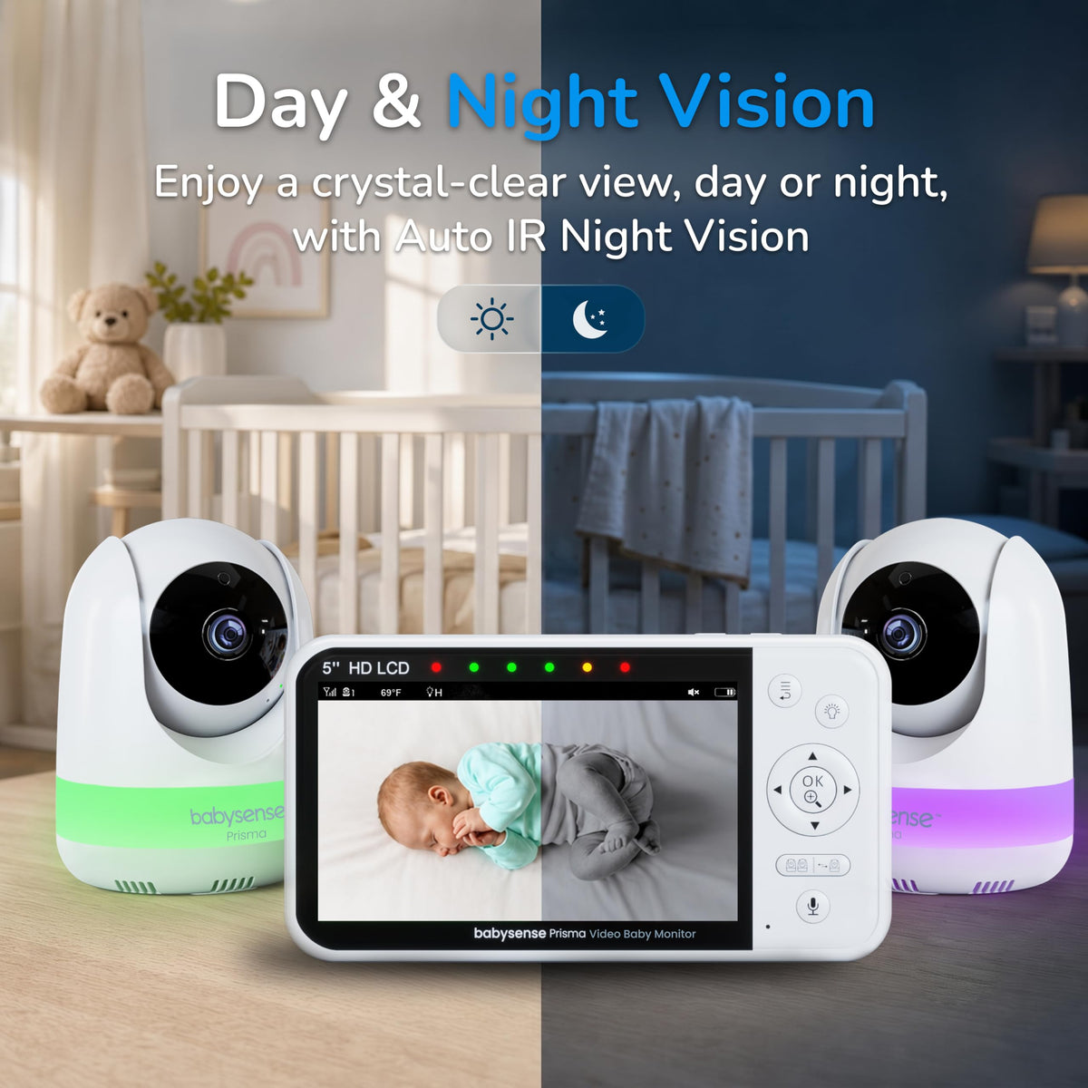 Babysense Prisma Baby Monitor with Camera and Night Vision, 5” HD Video Baby Monitor, 6-Color Night Light, Split Screen, Baby Sound Machine with White Noise & Lullabies, Secure No WiFi