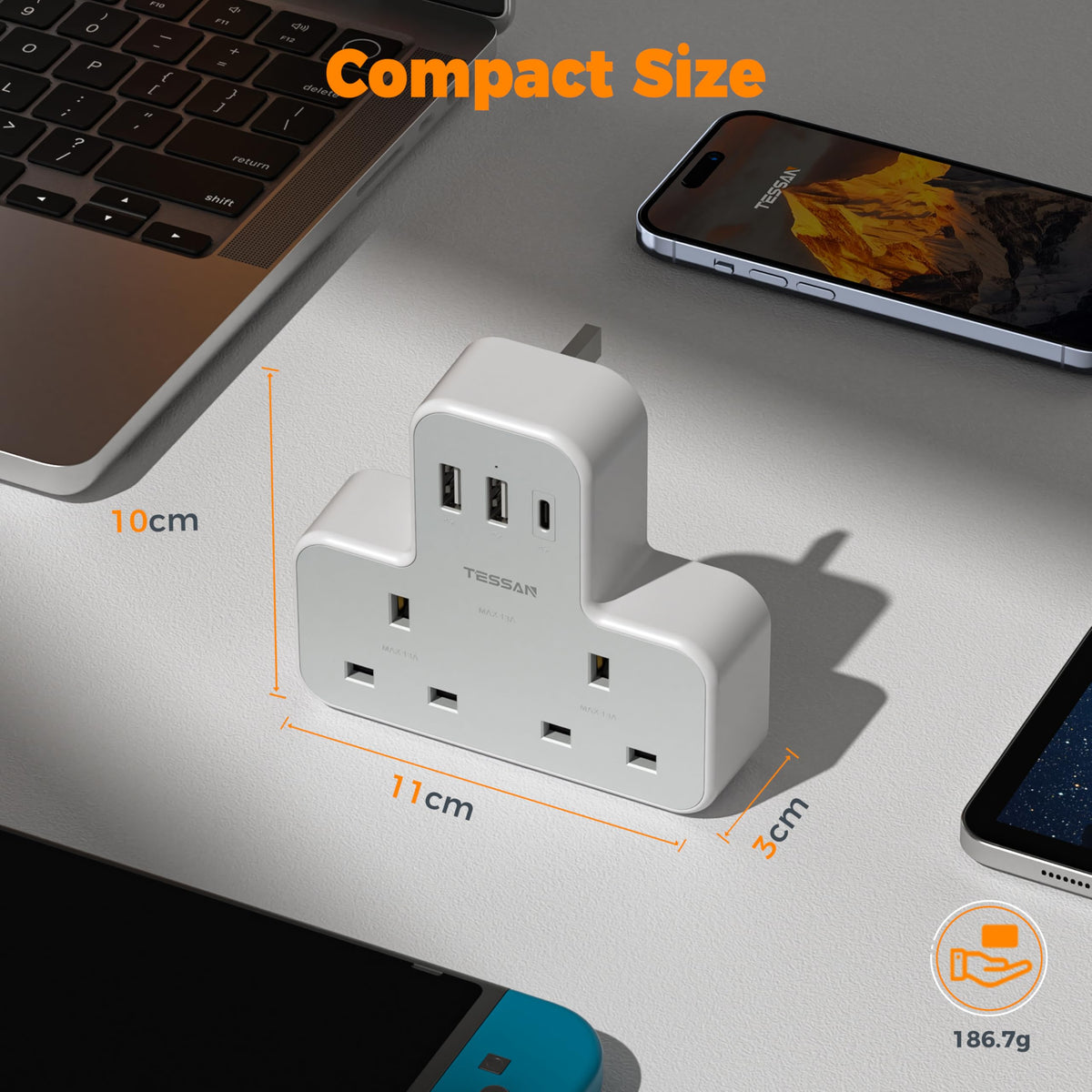 TESSAN USB Charger Plug Adapter UK (2 USB C), Double Plug Extension Socket